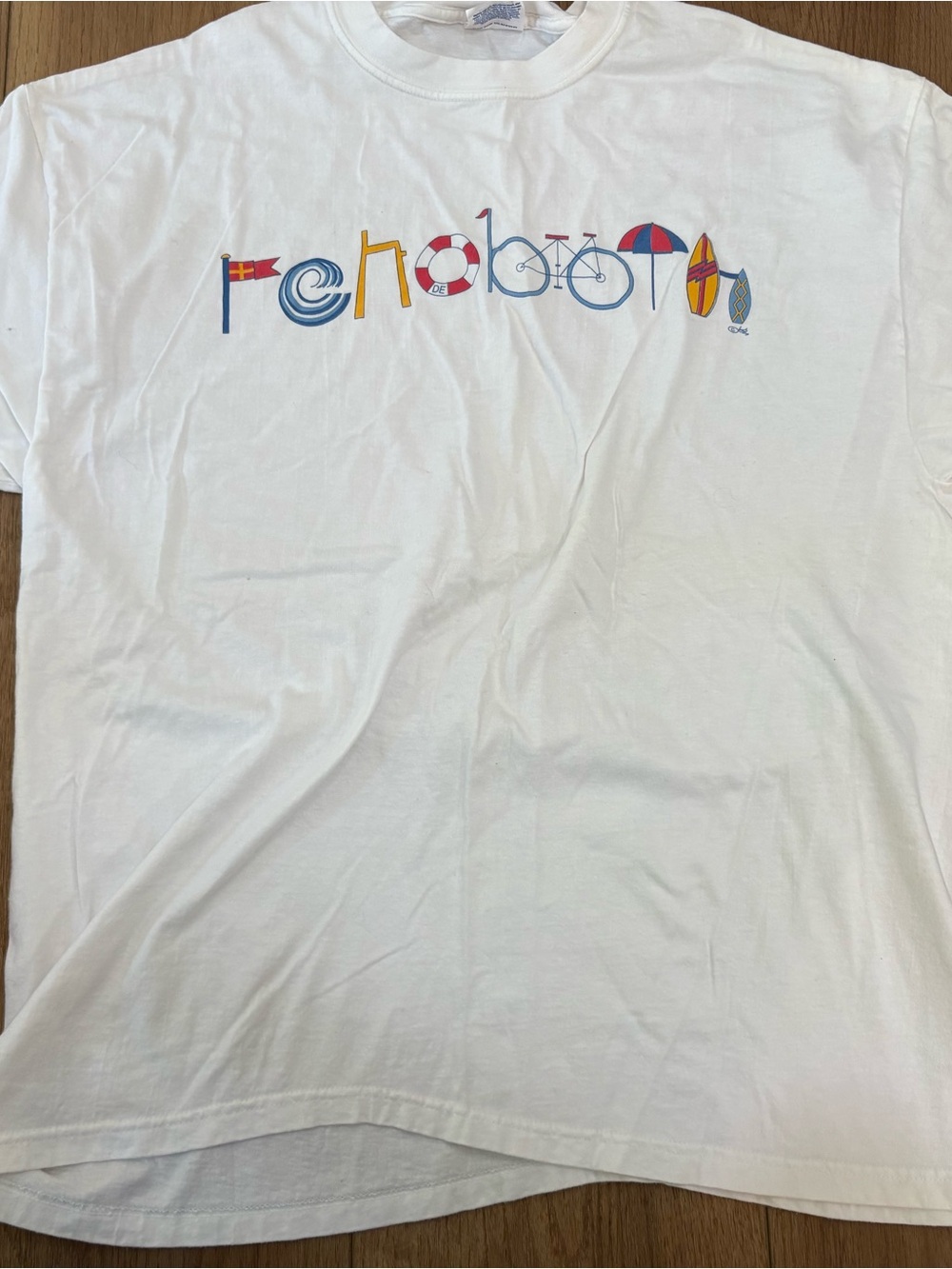 Rehobeth Beach Delaware Graphic Tee Fun Lettering Bike Lifesaver Flag Ocean